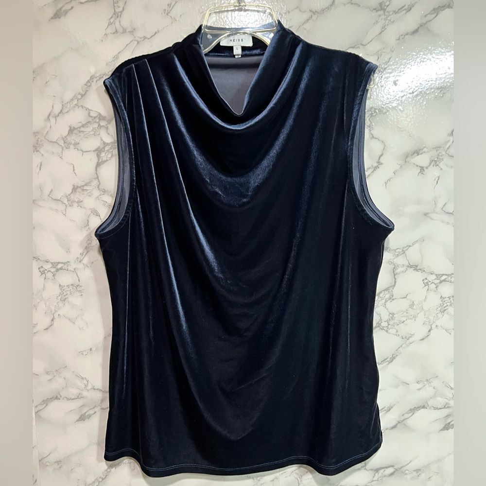 Reiss Velvet Sleeveless Cowl Neck Top in Navy - Picture 4 of 12